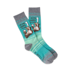 Pair of teal and gray crew socks featuring a graphic of a dog with a beer, text reads 'In dog beers I've had 1'.