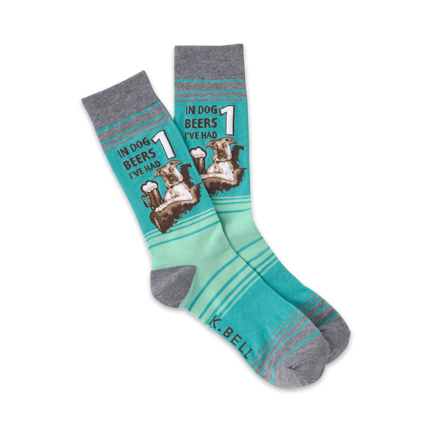 Pair of teal and gray crew socks featuring a graphic of a dog with a beer, text reads 'In dog beers I've had 1'.