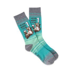 mens crew socks in mint green, gray, with green stripes. 'in dog beers i've had 1' text and cartoon sunglasses-wearing dog holding beer mug.   
