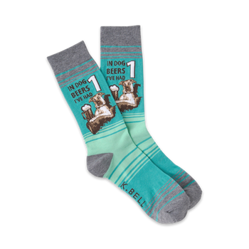 mens crew socks in mint green, gray, with green stripes. 'in dog beers i've had 1' text and cartoon sunglasses-wearing dog holding beer mug.   