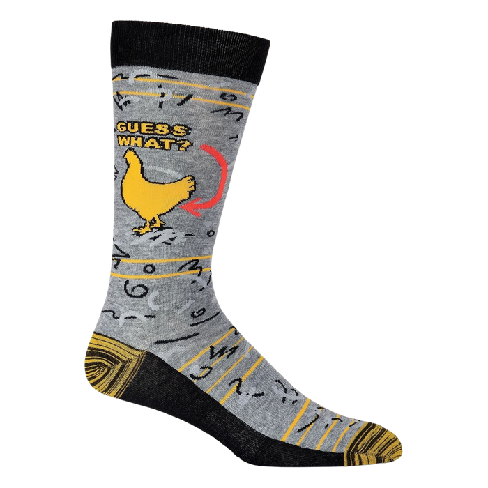 A pair of gray socks with a brown cuff. The socks have a pattern of chickens on them. The chicken has an arrow pointing to it with the words 