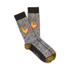 Pair of crew socks in grey, brown, and yellow.  Features a funny illustration of a chicken and the text 'Guess What?'