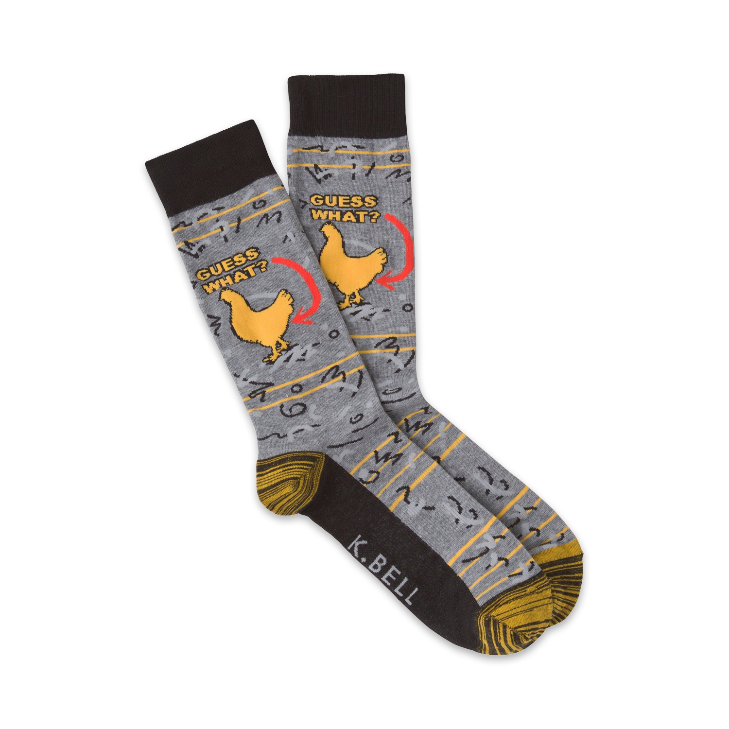 Pair of crew socks in grey, brown, and yellow.  Features a funny illustration of a chicken and the text 'Guess What?'