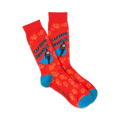 A pair of crew socks in red with a teal cuff. They feature a repeated lightning bolt pattern and a Captain Obvious superhero graphic.