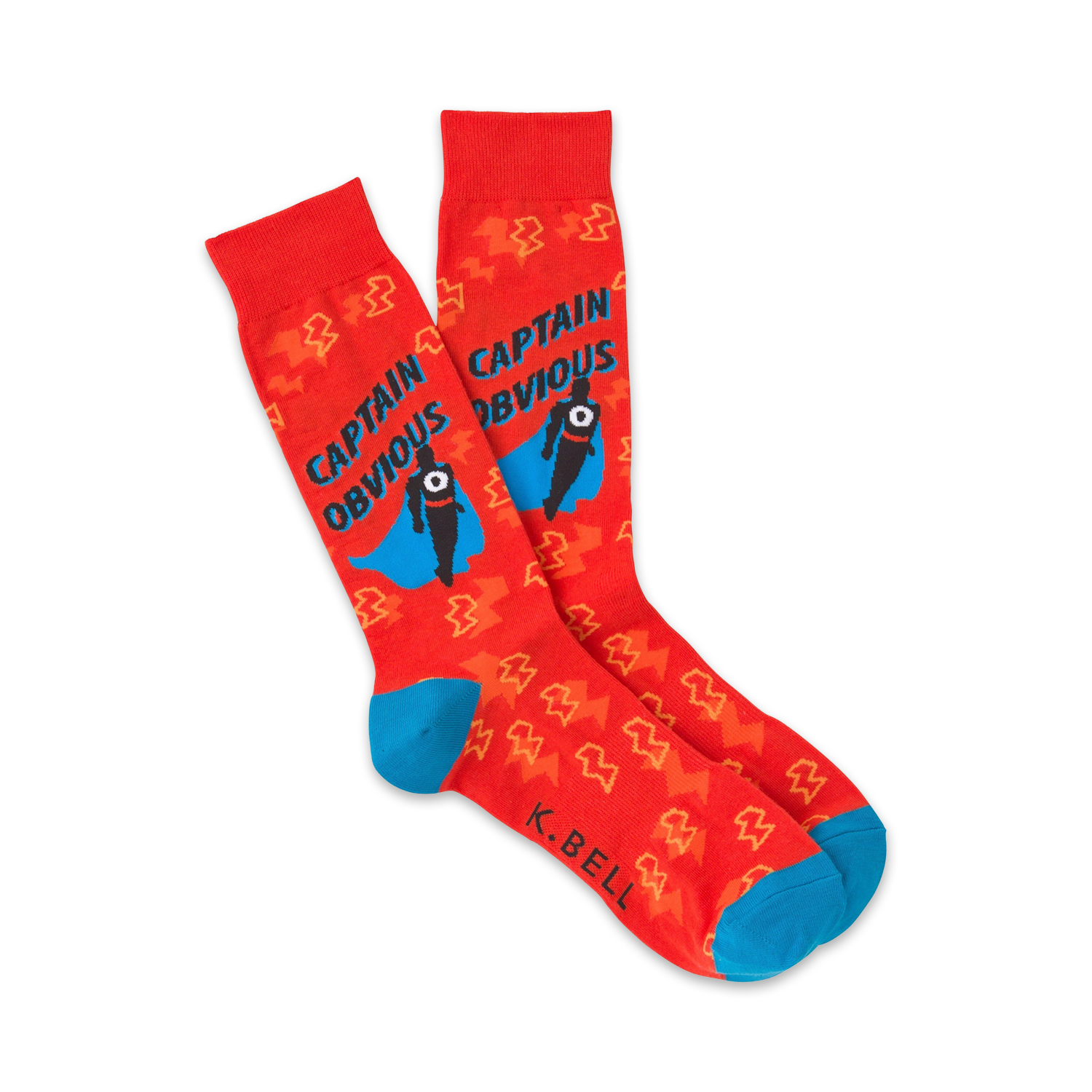 A pair of crew socks in red with a teal cuff. They feature a repeated lightning bolt pattern and a Captain Obvious superhero graphic.