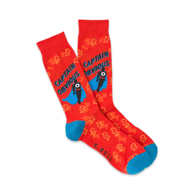 captain obvious crew socks: menswear novelty superhero socks with red, blue, and white design featuring cartoon superhero and lightning bolts.  