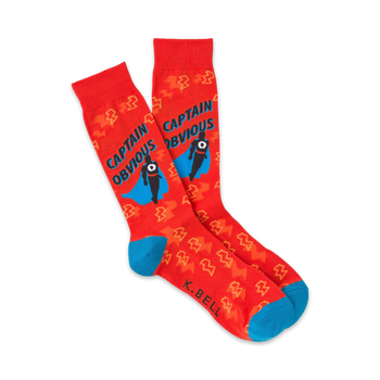 A pair of crew socks in red with a teal cuff. They feature a repeated lightning bolt pattern and a Captain Obvious superhero graphic.