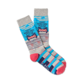 A pair of crew socks in gray, teal, and coral. The socks feature the text 'I just wanna hang with my DOG' and a playful illustration of dogs.