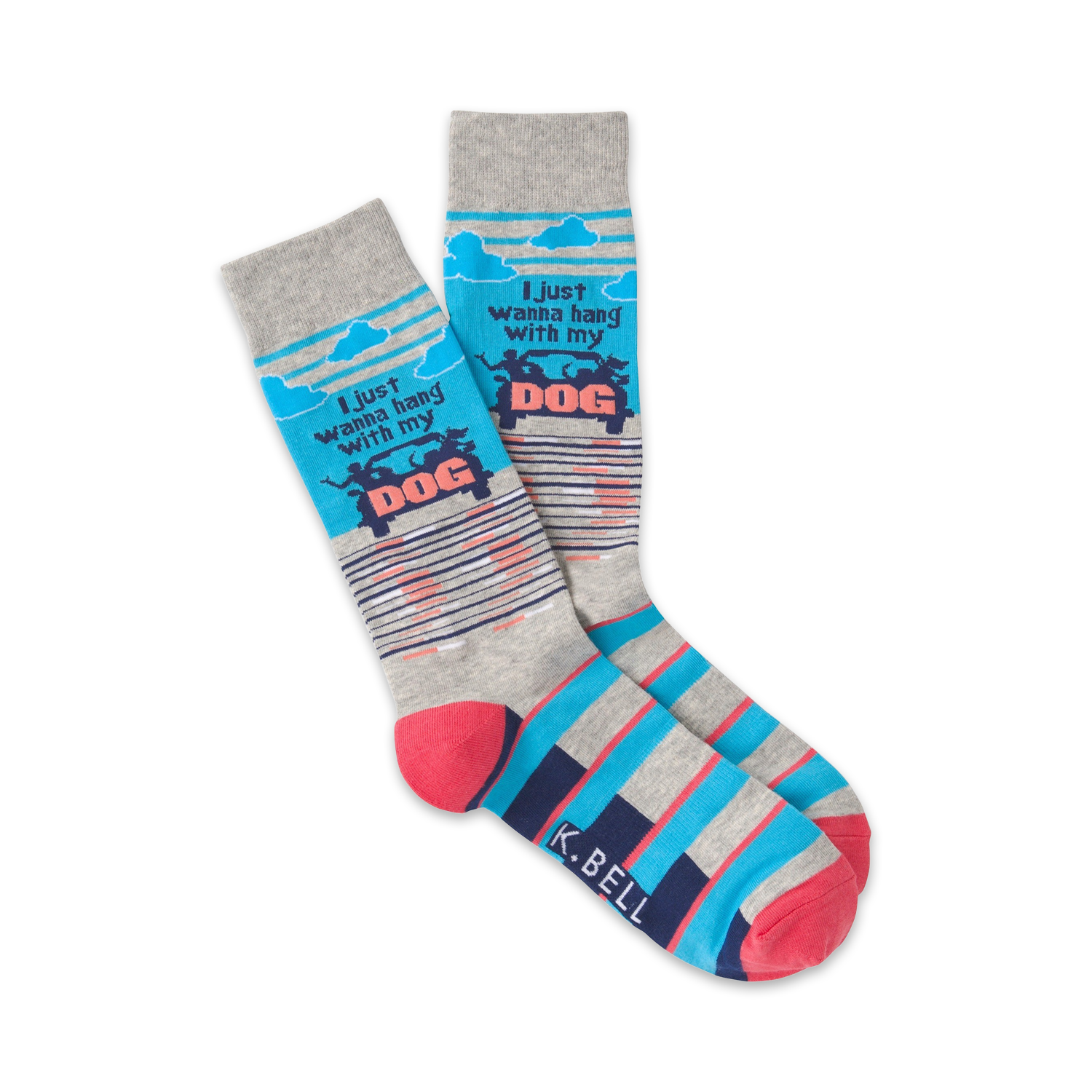 A pair of crew socks in gray, teal, and coral. The socks feature the text 'I just wanna hang with my DOG' and a playful illustration of dogs.