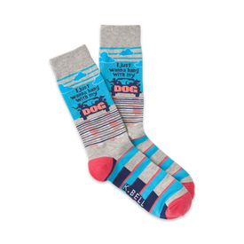 gray crew socks with blue and pink stripes, a pink heel and toe, and "i just wanna hang with my dog" written on the front.  