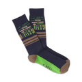 Pair of navy crew socks with taupe and lime green stripes and the phrase 'This Meeting is Bullshit' repeated vertically.