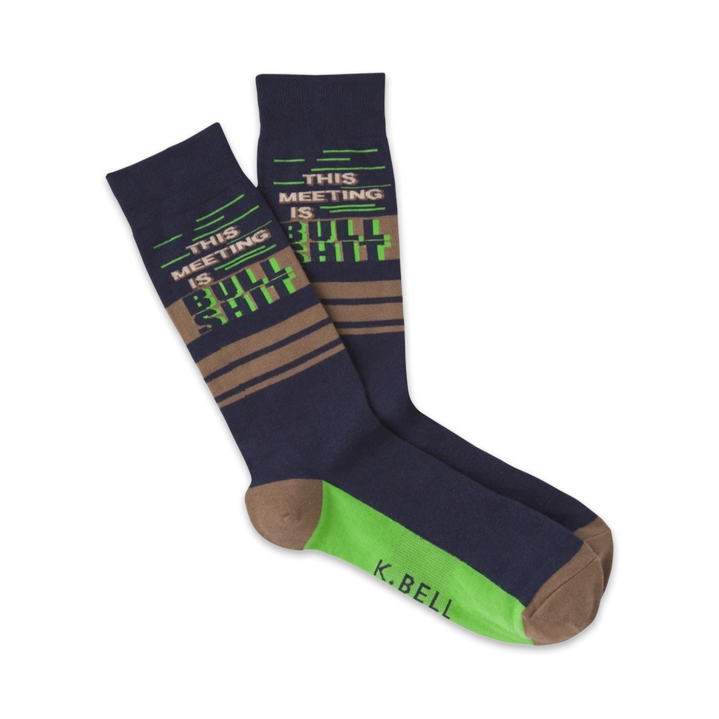 Pair of navy crew socks with taupe and lime green stripes and the phrase 'This Meeting is Bullshit' repeated vertically.