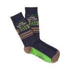 Pair of navy crew socks with taupe and lime green stripes and the phrase 'This Meeting is Bullshit' repeated vertically.