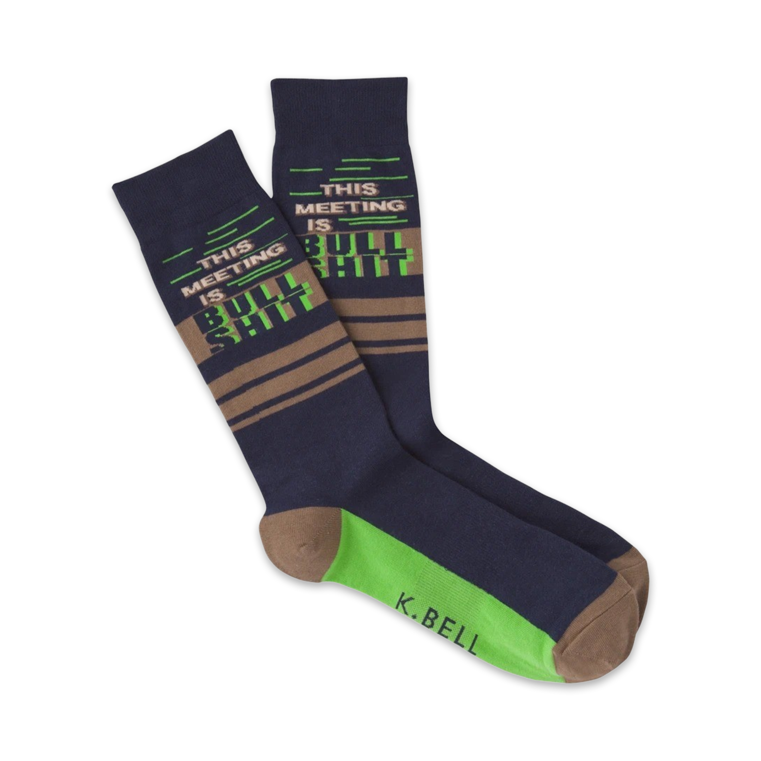 Pair of navy crew socks with taupe and lime green stripes and the phrase 'This Meeting is Bullshit' repeated vertically.