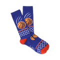 Pair of blue crew socks with orange basketballs and net designs.  A fun, sporty look for any fan!