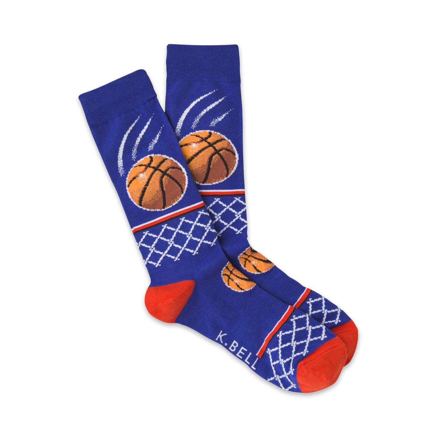 Pair of blue crew socks with orange basketballs and net designs.  A fun, sporty look for any fan!