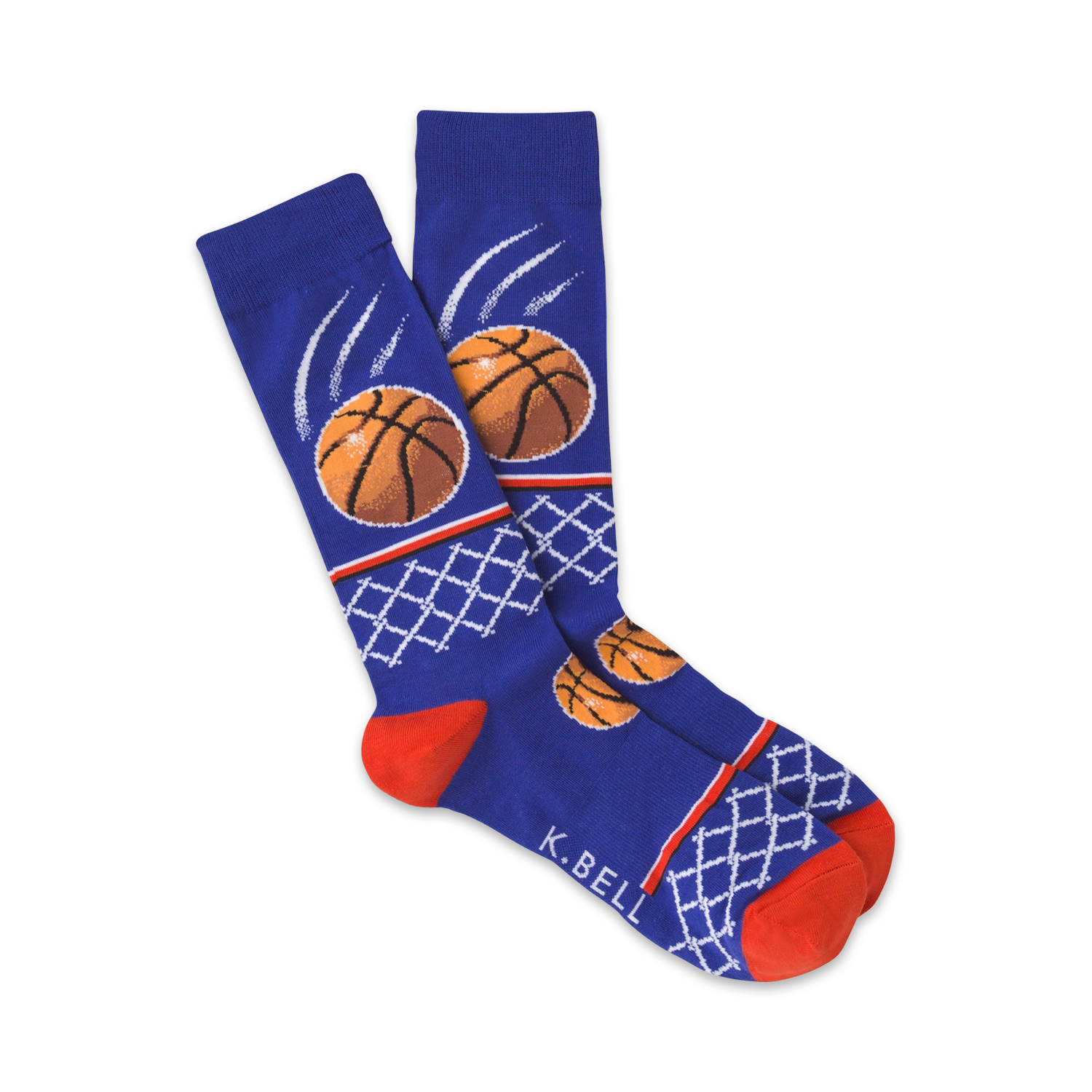 Pair of blue crew socks with orange basketballs and net designs.  A fun, sporty look for any fan!