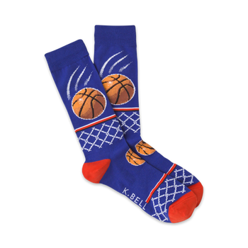 blue crew socks for men featuring a pattern of basketballs and nets.   