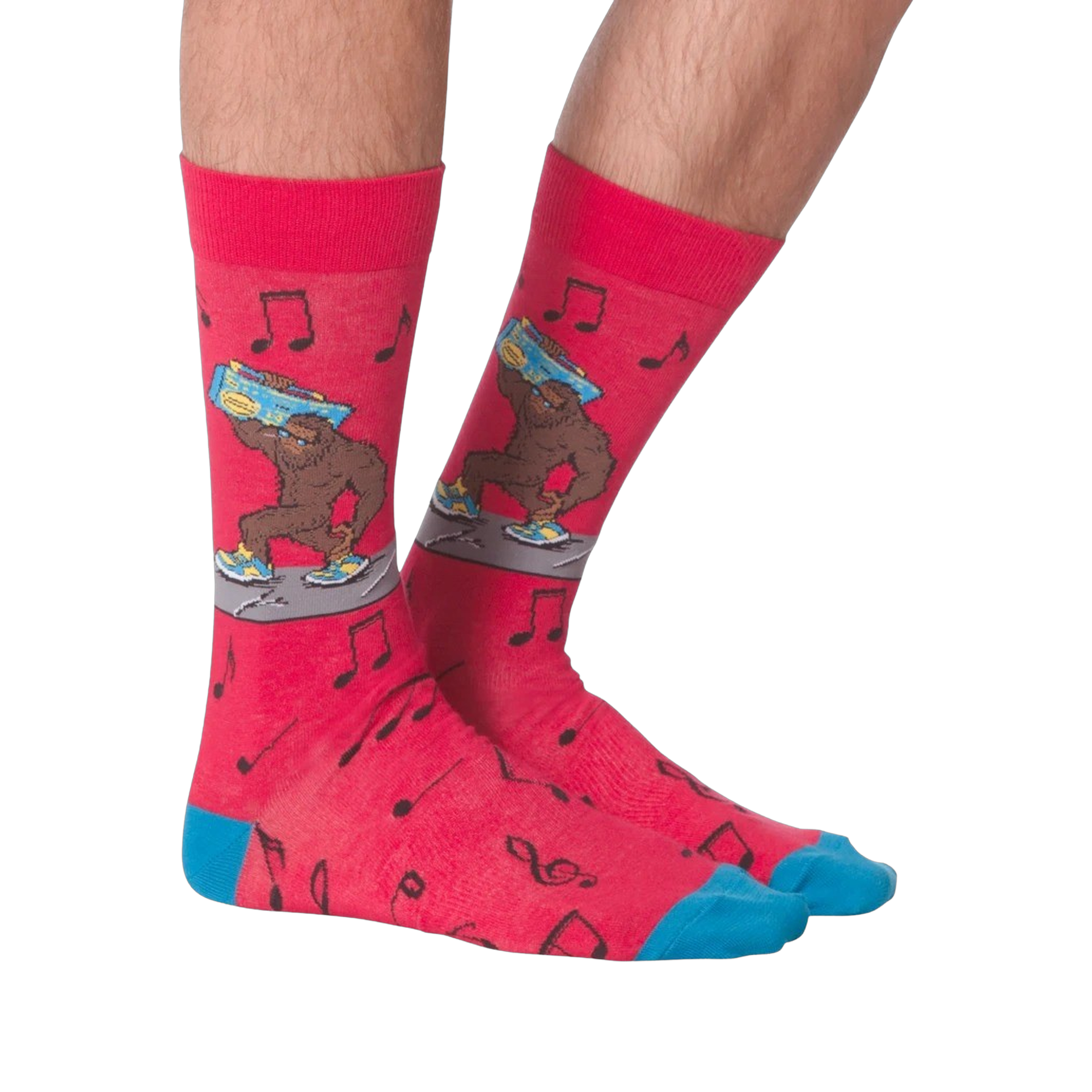 Lifestyle shot showing the Bigfoot Boombox socks on a person's feet; showcasing the socks' fit and style.