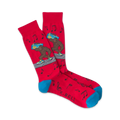 Pair of red crew socks with a cartoon Bigfoot carrying a boombox.  Musical notes and teal cuffs add to the fun, 80s-inspired design.