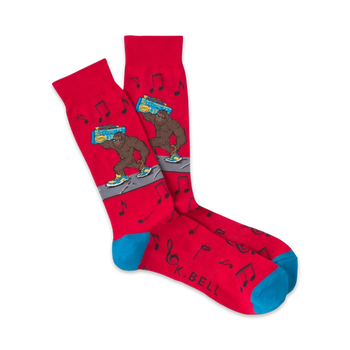 mens red crew socks with a pattern of bigfoot carrying a boombox and dancing.  