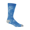Blue crew socks with a white blueprint design featuring gears, lightbulbs, and mechanical drawings.  Grey heel and toe.