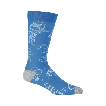 Blue crew socks with a white blueprint design featuring gears, lightbulbs, and mechanical drawings.  Grey heel and toe.