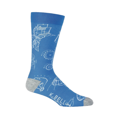 Blue crew socks with a white blueprint design featuring gears, lightbulbs, and mechanical drawings.  Grey heel and toe.
