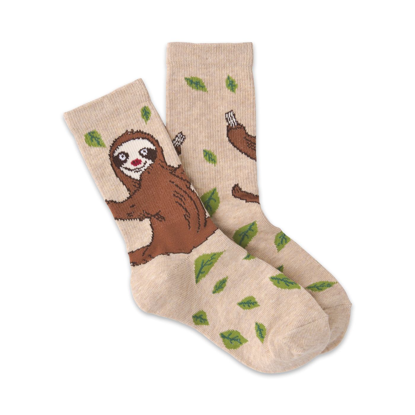 Pair of beige crew socks with brown sloths and green leaves. 