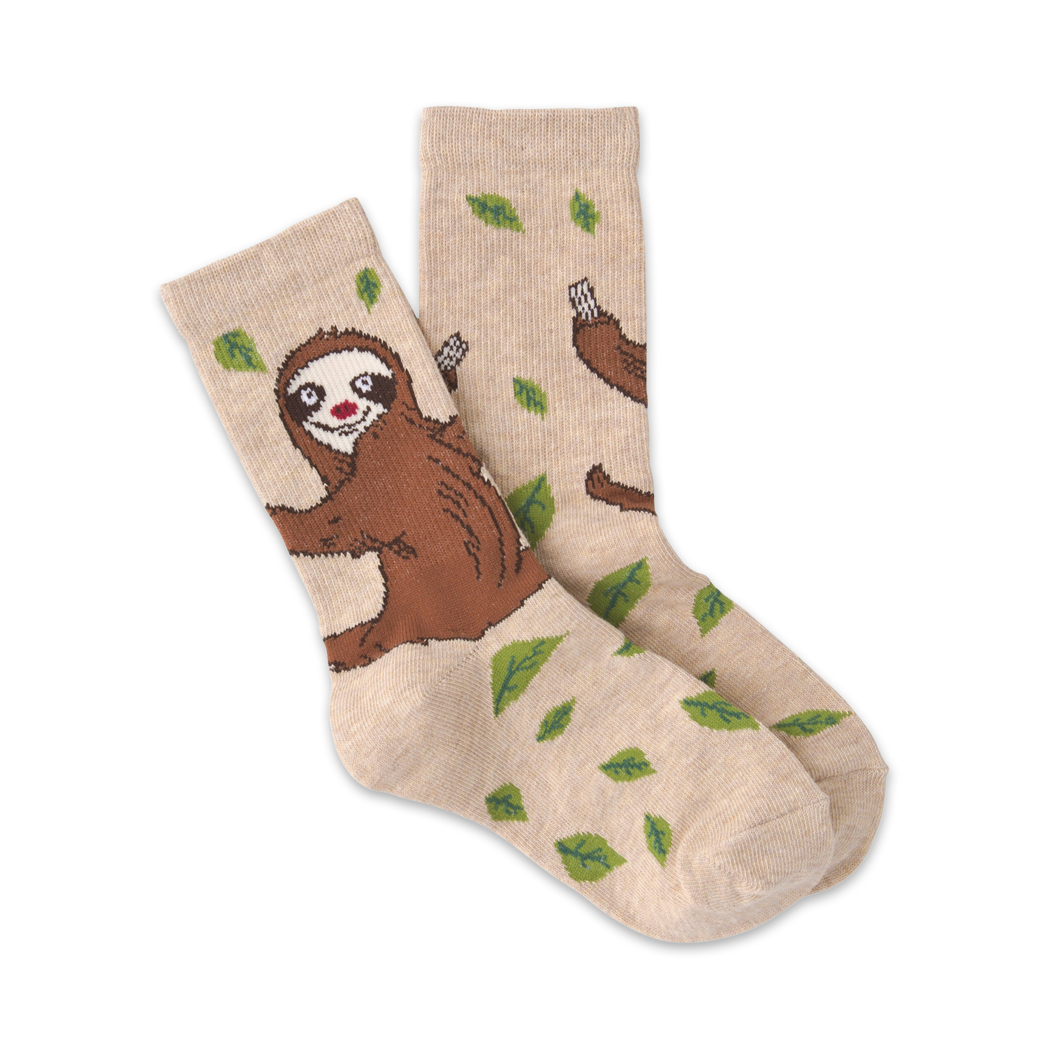 Pair of beige crew socks with brown sloths and green leaves. 