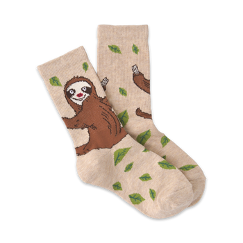 beige crew socks with a sloth pattern for kids, featuring brown sloths with pink noses hanging from green leaves.   