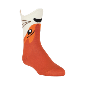 Close-up of a single Wide Mouth Fox sock on a black background, showing the fox design details and sock texture.