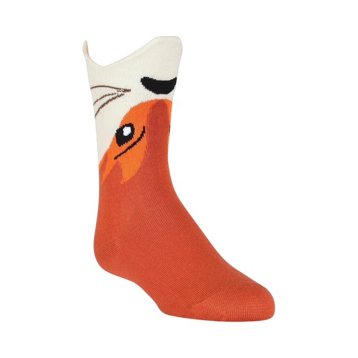Close-up of a single Wide Mouth Fox sock on a black background, showing the fox design details and sock texture.