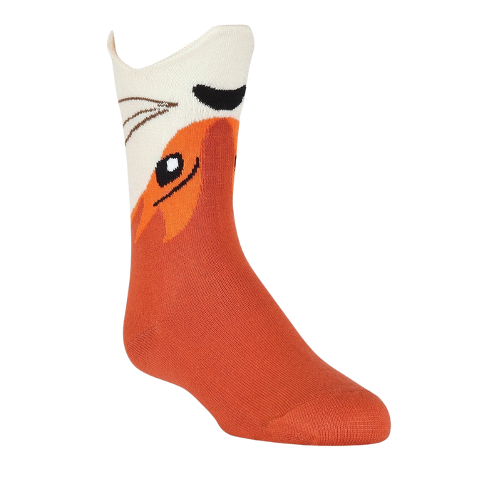 A single orange sock with a white toe and heel. The sock has a cartoon fox face on the leg portion.