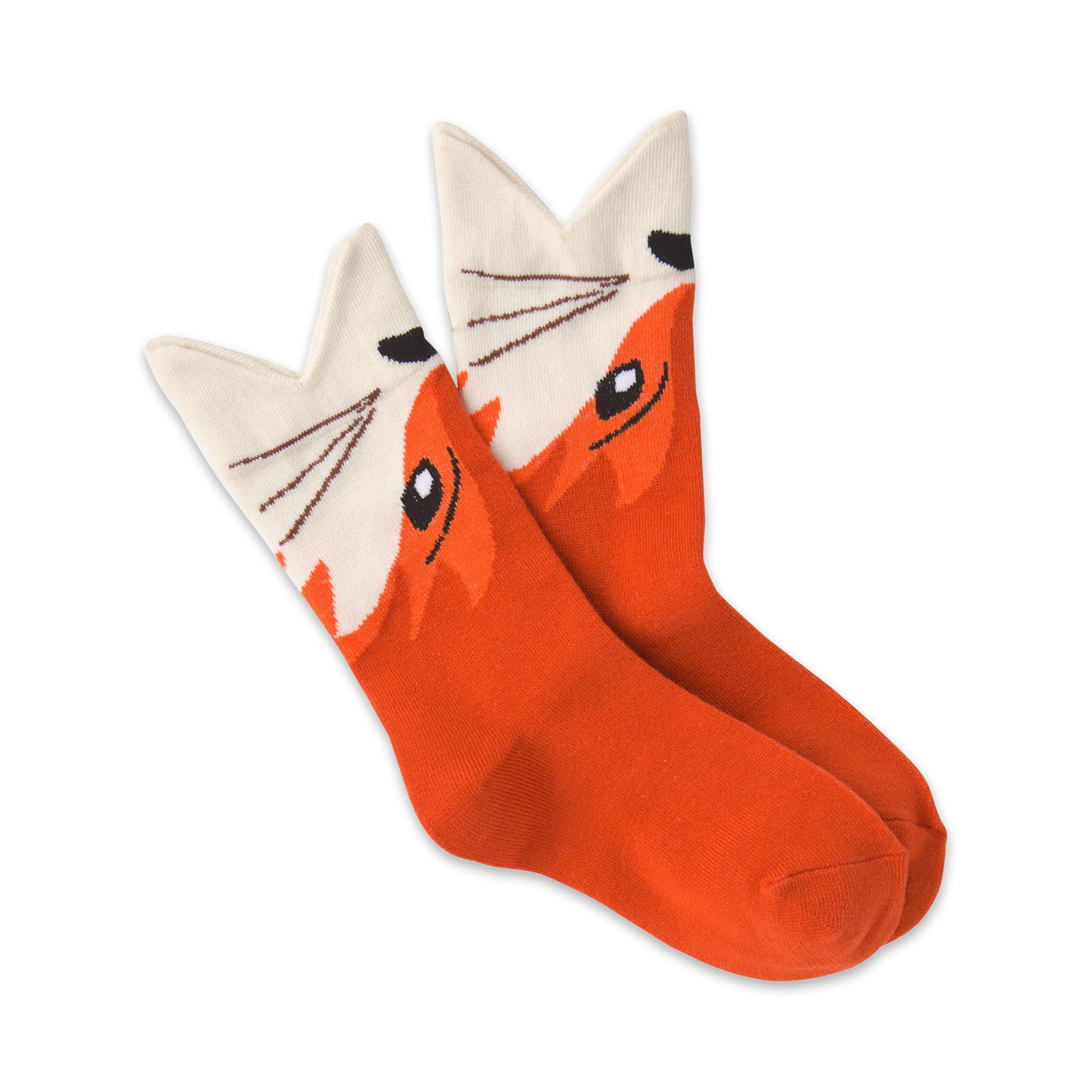 Pair of orange and cream crew socks featuring a whimsical fox face design. The fox's face is split between cream and orange.