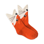 Pair of orange and cream crew socks featuring a whimsical fox face design. The fox's face is split between cream and orange.
