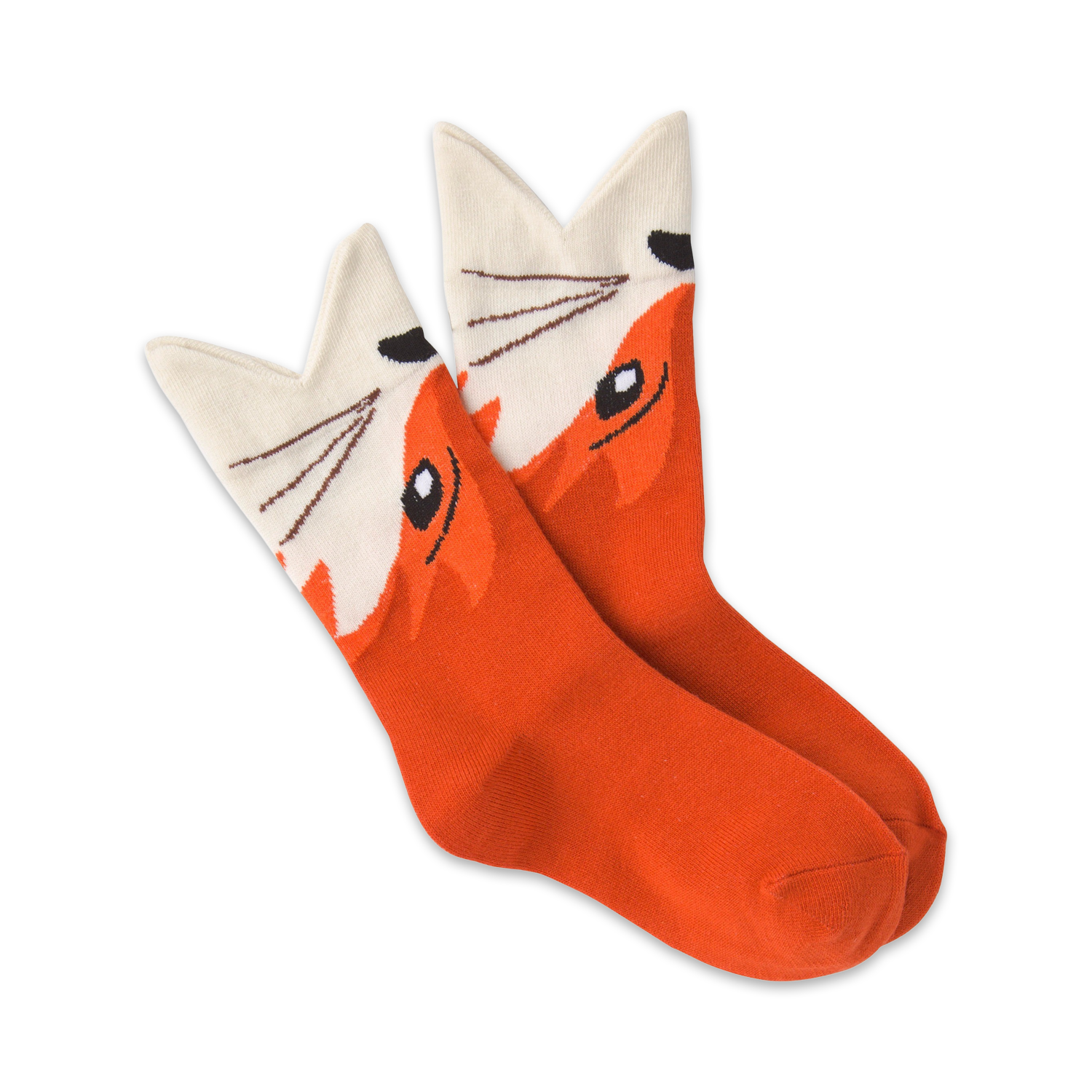 Pair of orange and cream crew socks featuring a whimsical fox face design. The fox's face is split between cream and orange.