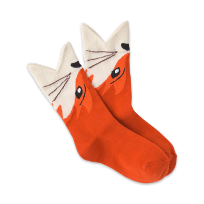 orange, white, and black fox themed kids crew socks featuring sly fox face.  