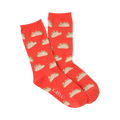 A pair of orange crew socks featuring a repeating pattern of small, illustrated tacos. The tacos are light brown with green and tan details.