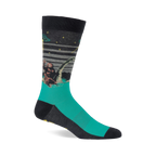 Single crew sock with dark grey top and teal foot, depicting Bigfoot, Loch Ness Monster, and a UFO at night.