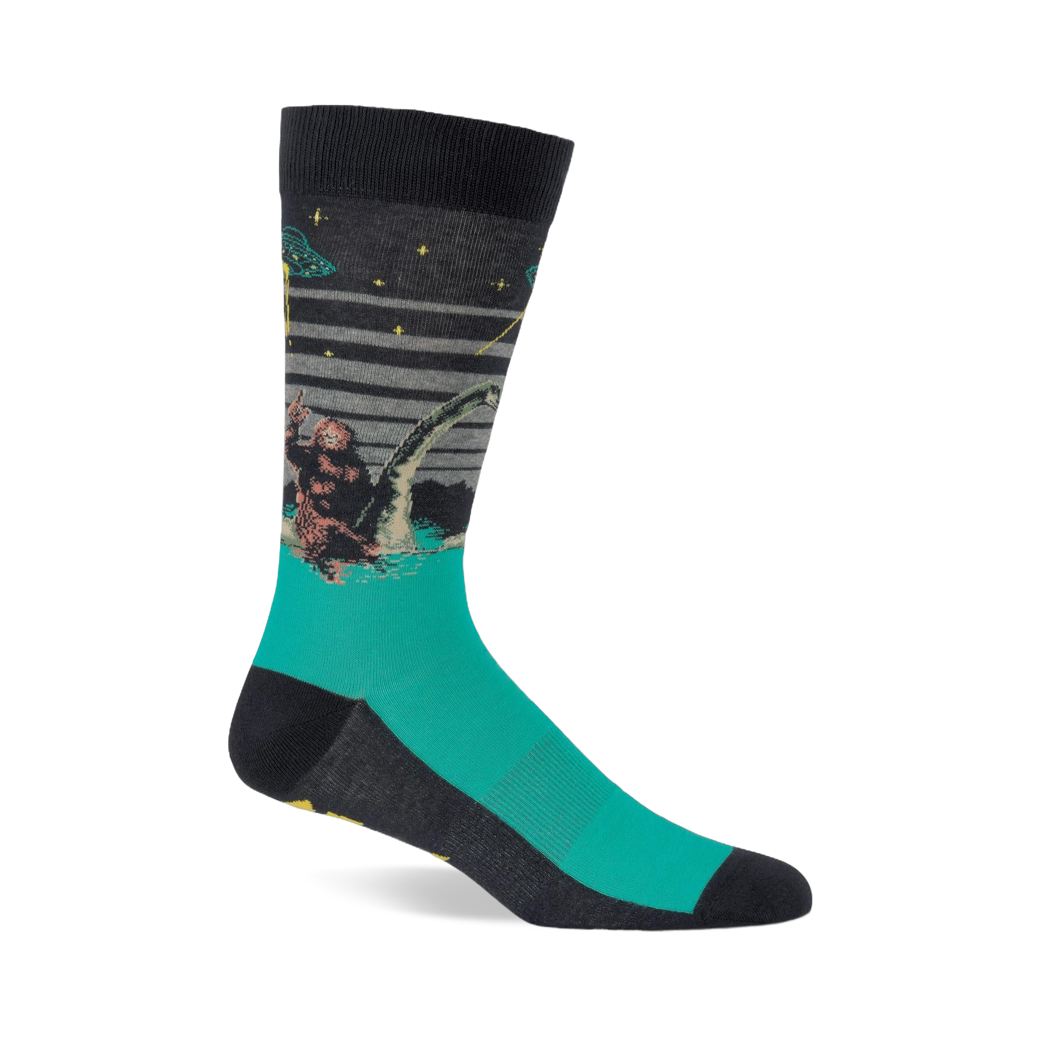 Single crew sock with dark grey top and teal foot, depicting Bigfoot, Loch Ness Monster, and a UFO at night.