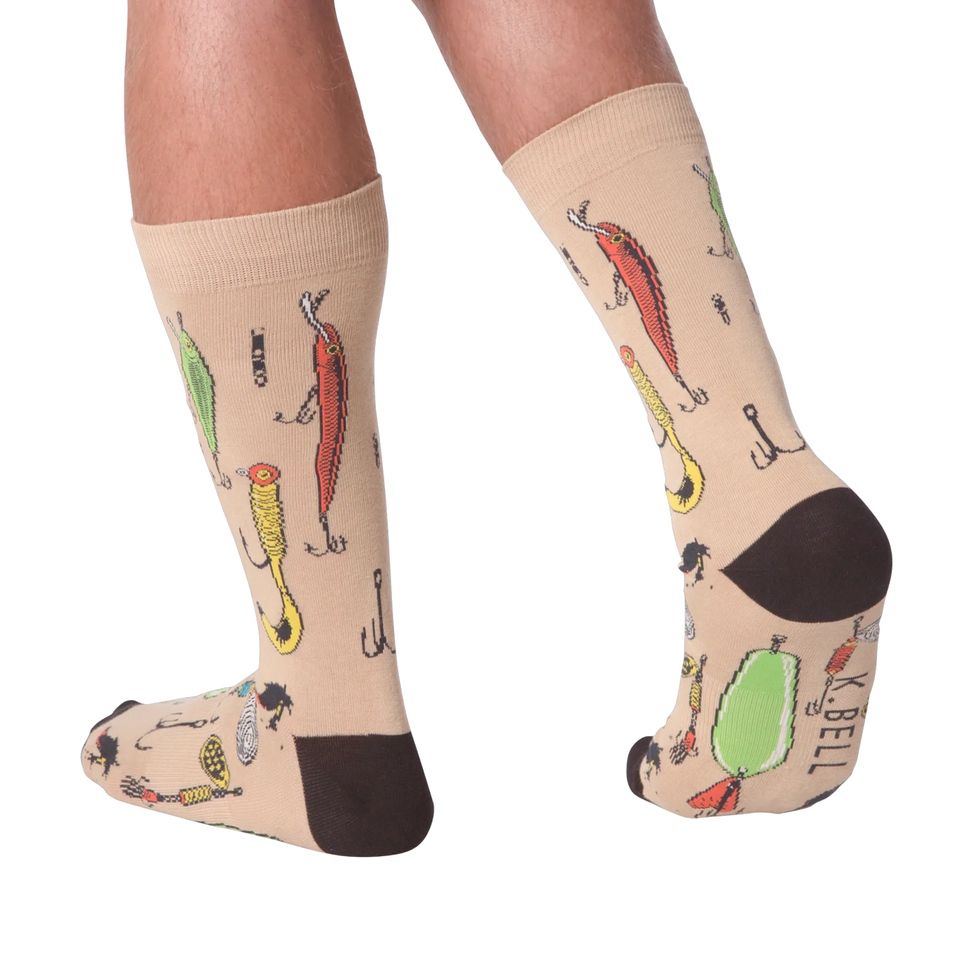 Lifestyle shot:  Person wearing tan Fishing Lure socks, showcasing the design from the back.