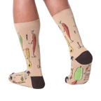 Lifestyle shot:  Person wearing tan Fishing Lure socks, showcasing the design from the back.