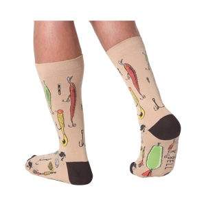 Lifestyle shot:  Person wearing tan Fishing Lure socks, showcasing the design from the back.