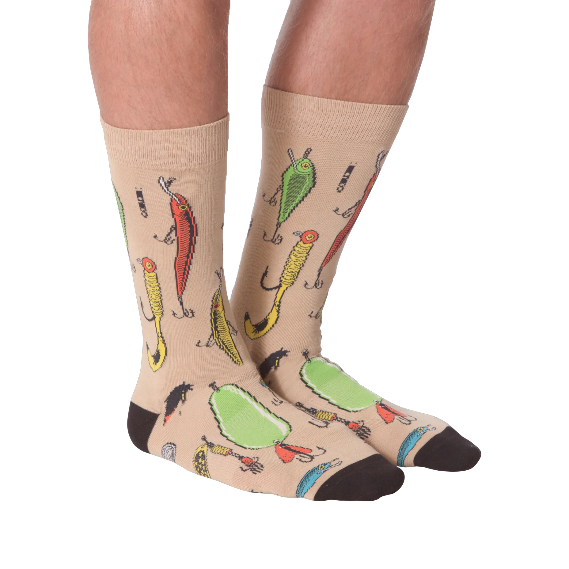 Another lifestyle shot:  Person wearing tan Fishing Lure socks, showcasing the design from the front.