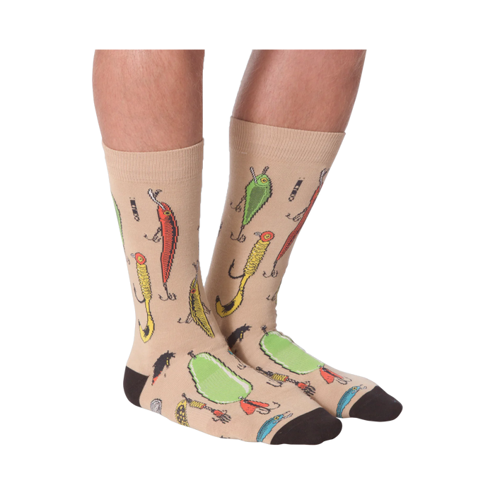 Another lifestyle shot:  Person wearing tan Fishing Lure socks, showcasing the design from the front.
