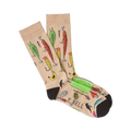 Pair of tan crew socks with a fun pattern of colorful fishing lures.  Black cuffs.