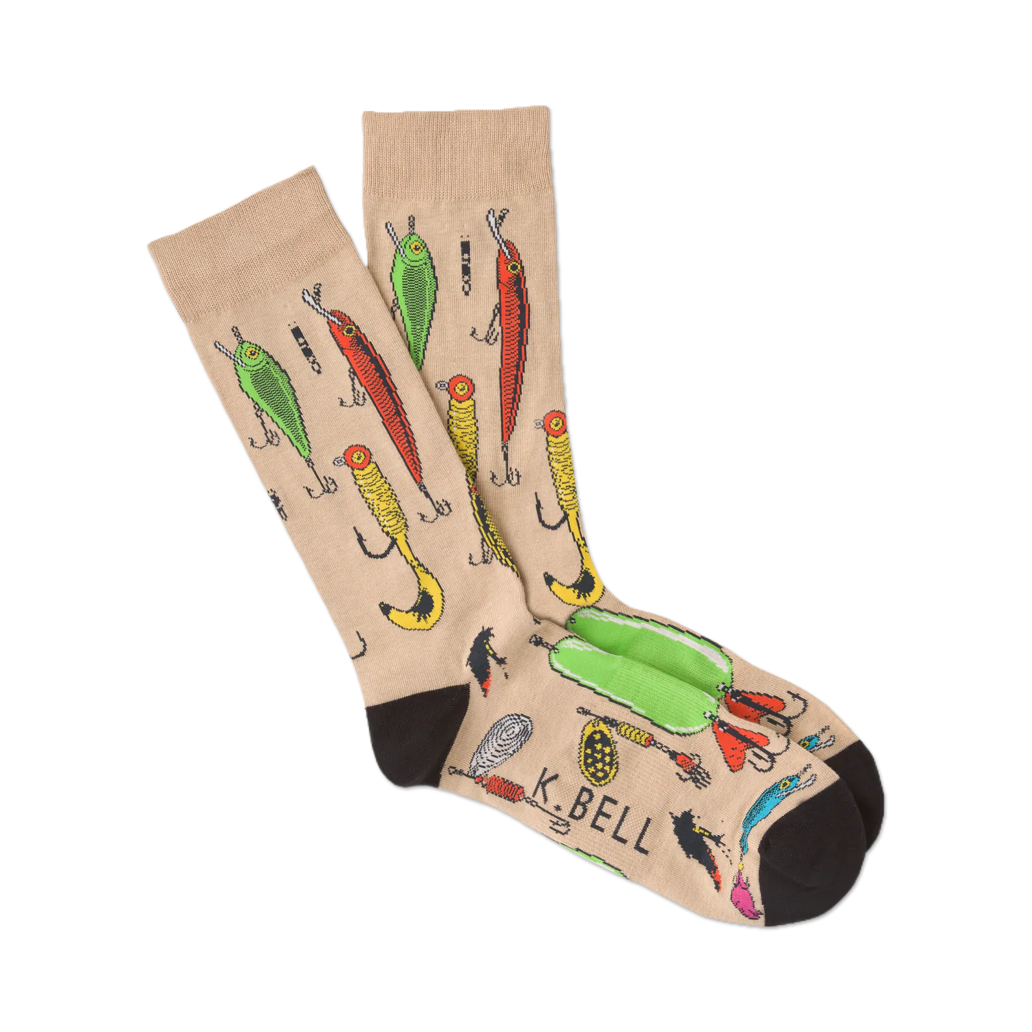 Pair of tan crew socks with a fun pattern of colorful fishing lures.  Black cuffs.