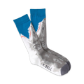 Pair of crew socks featuring a great white shark design. The socks are mainly gray and white with teal blue at the top. 