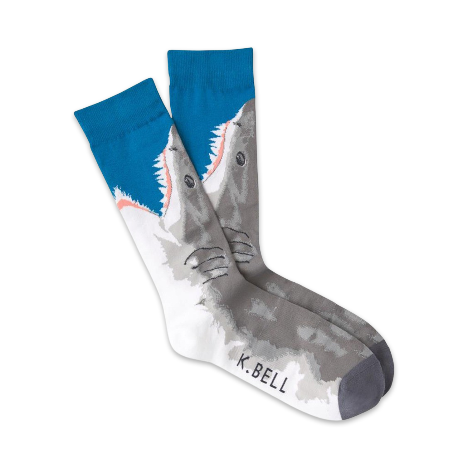 Pair of crew socks featuring a great white shark design. The socks are mainly gray and white with teal blue at the top. 